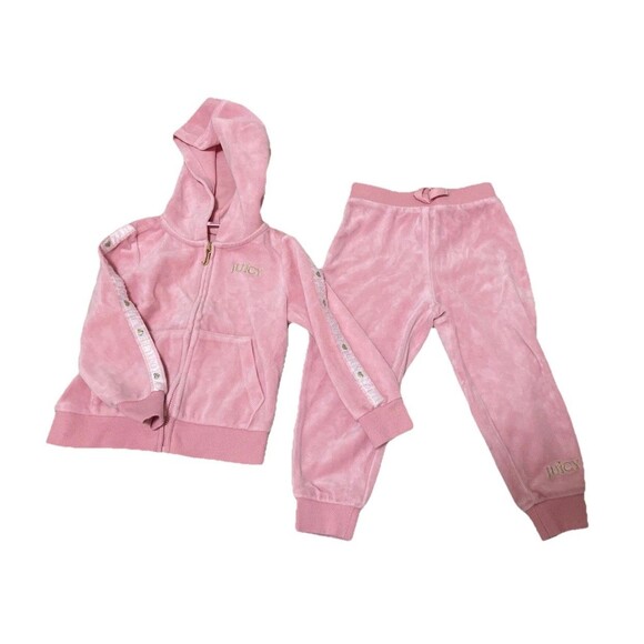 Juicy Couture 2T Toddler Girl 2p Velour Tracksuit Jogger Outfit Hoodie Pink - Picture 1 of 7